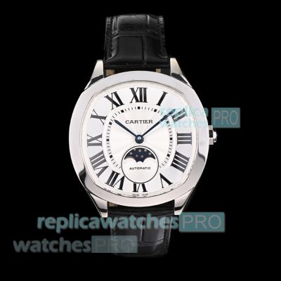 Swiss Clone Cartier Drive de Cartier White Roman Dial 40mm Men's Moon Phase Watch 